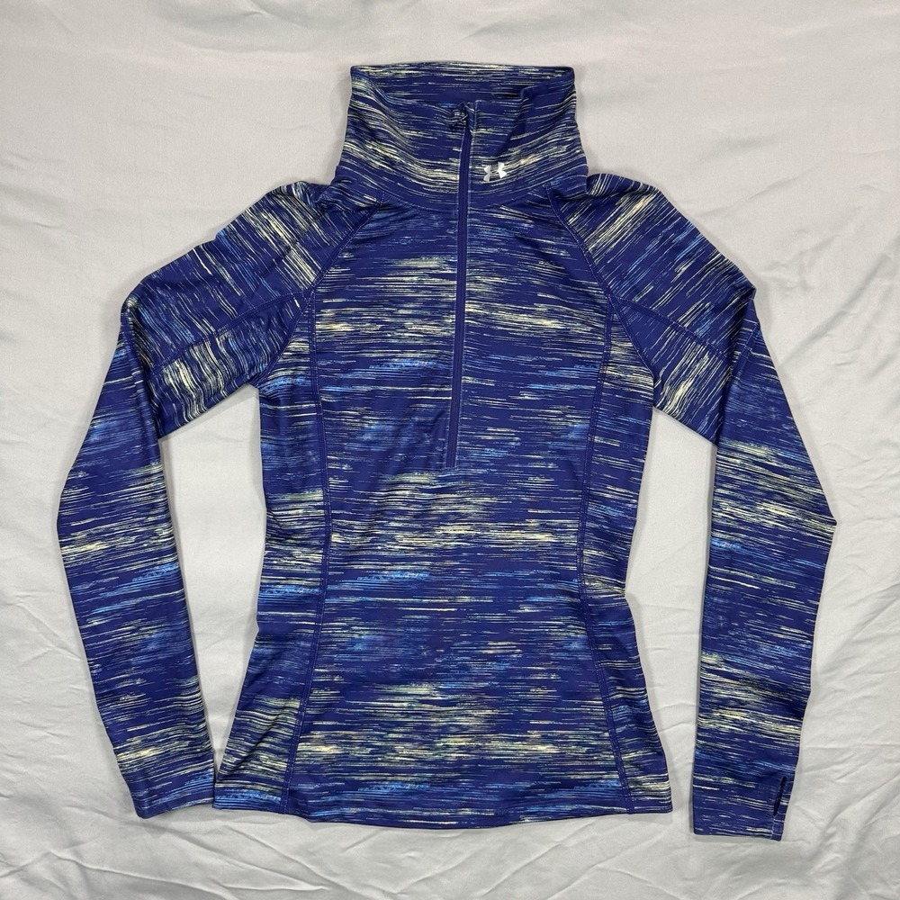 Under Armour ColdGear Fitted 1/4 Zip Sweater Women's XS Blue Camo Mock Neck